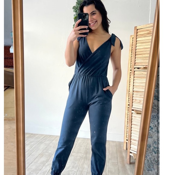 Sozy Pants - Sozy Maeve Jumpsuit Navy Blue Organic Cotton Tie Shoulder Jogger SZJU60290 Small